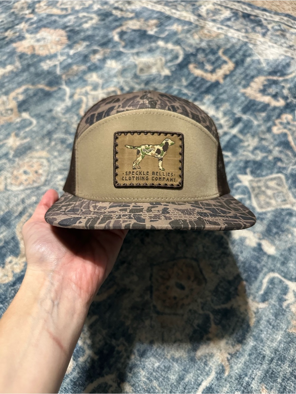 speck camo patch trucker hat in brown and tan